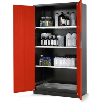 Skříň na chemikálie Systema CS-103,korpus antracit.,křídl. dveře červené,3 vlož. police a podl. vana