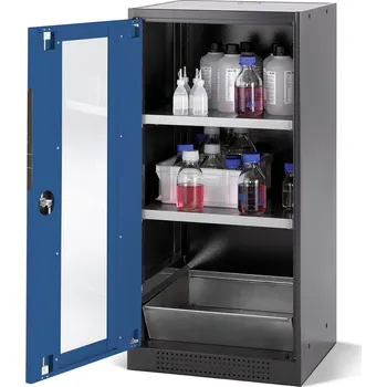 Skříň na chemikálie Systema CS-52LG, korpus antracit,křídl. dveře modré, 2 vlož. police a podl. vana