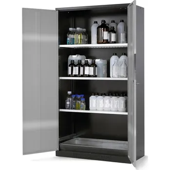 Skříň na chemikálie Systema CS-103,korpus antracit,křídl. dveře stříbrné,3 vlož. police a podl. vana