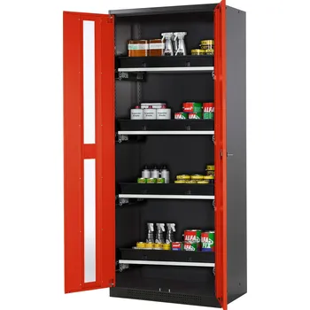 Skříň na chemikálie Systema CS-84G, prosklené dvoukřídlé dveře červené, 4 výsuvné vany