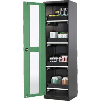 Skříň na chemikálie Systema CS-54LG, dveřní závěs vlevo, prosklené dveře zelené, 4 výsuvné vany