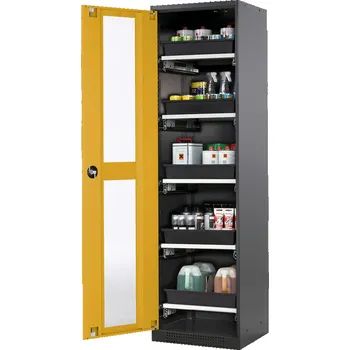 Skříň na chemikálie Systema CS-55LG, dveřní závěs vlevo, prosklené dveře žluté, 5 výsuvných van