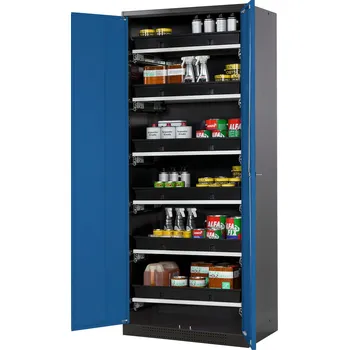 Skříň na chemikálie Systema CS-86, korpus antracitové barvy, křídlové dveře modré, 6 výsuvných van