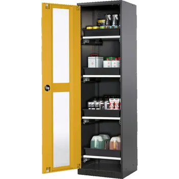 Skříň na chemikálie Systema CS-54LG, dveřní závěs vlevo, prosklené dveře žluté, 4 výsuvné vany