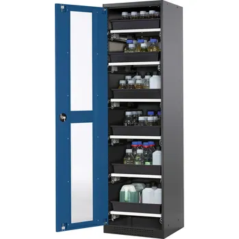 Skříň na chemikálie Systema CS-56LG, korpus antracitové barvy, křídlové dveře modré, 6 výsuv. van