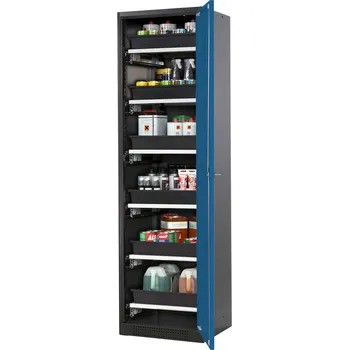 Skříň na chemikálie Systema-T CS-56R, korpus antracitový, křídlové dveře modré, 6 výsuvných van