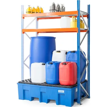 Dílenský regál Regál na sudy a malé nádoby, nástavné pole, 2 rošty, PE záchytná vana, 1307 x 865 x 2000 mm