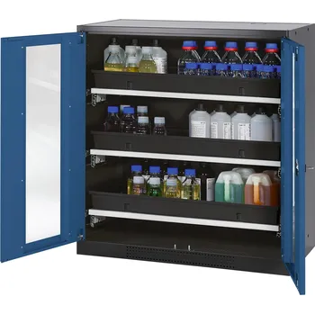 Skříň na chemikálie Systema CS-103G, korpus antracitové barvy, křídlové dveře modré, 3 výsuvné vany