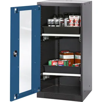 Skříň na chemikálie Systema CS-52LG, dveřní závěs vlevo, prosklené dveře modré, 2 výsuvné vany