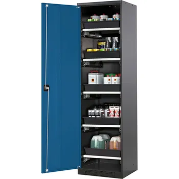 Skříň na chemikálie Systema-T CS-55L, korpus antracitový, křídlové dveře modré, 5 výsuvných van