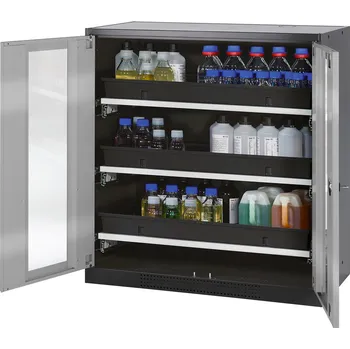 Skříň na chemikálie Systema CS-103G, korpus antracitový, křídl. dveře stříbrné, 3 výsuvné vany