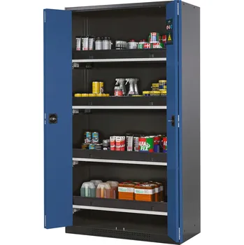 Skříň na chemikálie typ Systema CS-104F, skládací dveře modré, 4 výsuvné vany