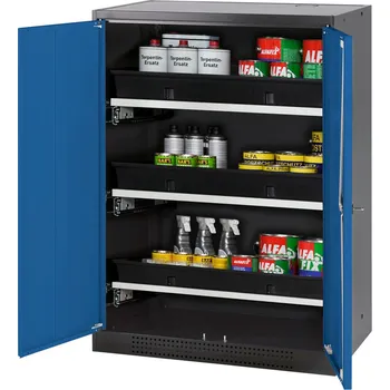 Skříň na chemikálie Systema CS-83, korpus antracitové barvy, křídlové dveře modré, 3 výsuv. vany