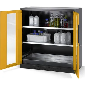 Skříň na chemikálie Systema CS-102G, korpus antracit,křídl. dveře žluté, 2 vlož. police a podl. vana