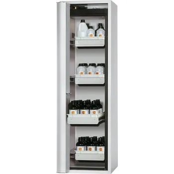 Protipožární skříň asecos Edition G 600, 4 výsuvné vany, skládací dveře pravé, šedá