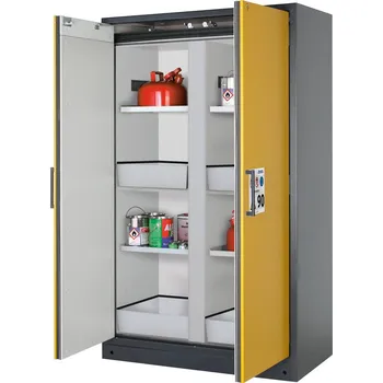 Protipožární skříň typ Select, s dělicí stěnou, vložné police a police s vanami, dveře žluté