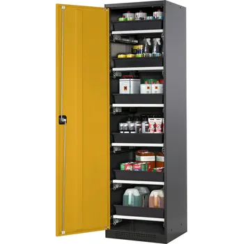 Skříň na chemikálie Systema CS-56L, korpus antracitové barvy, křídlové dveře žluté, 6 výsuv. van