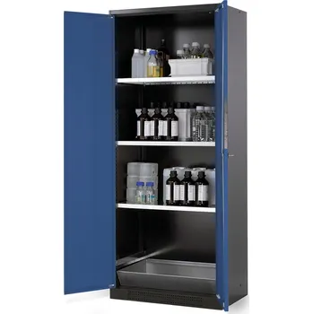 Skříň na chemikálie Systema CS-83, korpus antracit.,křídl. dveře modré, 3 vlož. police a podl. vana