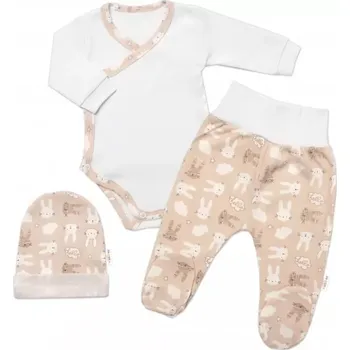 Kojenecká souprava Baby Nellys 3-dílná sada Body dl.rukáv, polodupačky a čepička New Bunny béžová, vel.56