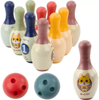 Dětský bowlingový set s koťátky – 10 kuželek a 2 barevné koule