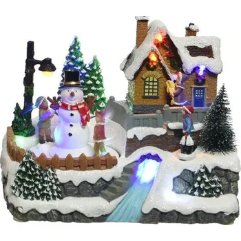 Vánoce Vánoční dekorace hrací vesnička s LED, 1ks 15x21x15,5 cm - Se sněhulákem