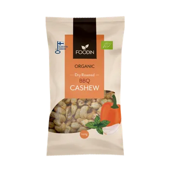 Sušená potravina Foodin pražené kešu oříšky s BBQ kořením a medem vegan bio 120 g