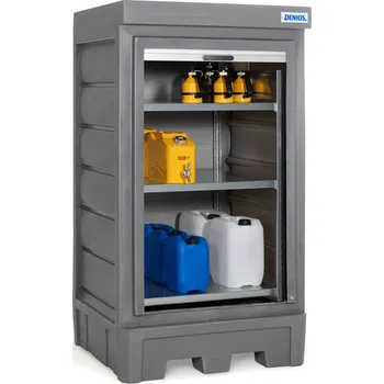 Dílenský regál Depot na nebezpečné látky z PE, roleta, ocelový regál na malé nádoby, 1140 x 1050 x 2060 mm