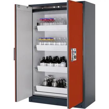 Protipožární skříň na nebezpečné látky asecos Select W-124-O, 4 ks vany, červené dveře, One-Touch