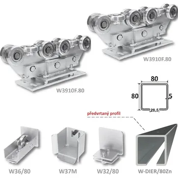 Pohon brány sada pro nesenou bránu W Set 80/Zn-DIER - kování pro posuvné brány, děrovaný C profil zinkovaný 80 x 80 x 5 mm, 6m, 2 x vozík 10 kol., kapsa, kolo