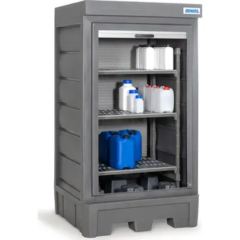 Dílenský regál Depot na nebezpečné látky z PE, roleta, plastový regál na malé nádoby, 1140 x 1050 x 2060 mm