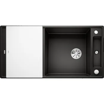 Kuchyňský dřez Tento design, který se vyznačuje hladkým a ergonomickým průběhem práce ve dvou osách, vyniká čistými liniemi a velmi úzkým, nízkoprofilovým okrajem. S úzkými poloměry maximalizujícími využití povrchu a objemu nabízí pohyblivé krájecí prkénko pro přímou pr