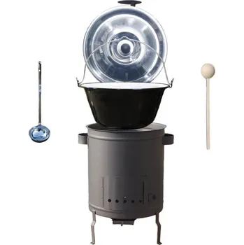 Kempingové nádobí Smaltovaný kotlík 16 L (1,2 mm) + nerezová poklice + hrubostěnná (1,5 mm) a žáruvzdorná kotlina 39 cm PLUS 600