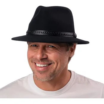 Klobouk Fiebig - Headwear since 1903 Cestovní klobouk vlněný od Fiebig - černý s koženou stuhou - širák Velikost: 55 cm (S)