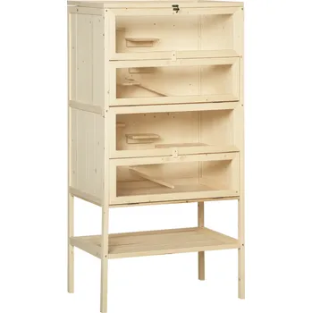 PawHut klec pro malá zvířata 5 úrovní s mřížovou střechou rampy klec pro malá zvířata klec pro hlodavce klec pro morčata klec z jedlového dřeva přírodní dřevo 60 x 40 x 120 cm