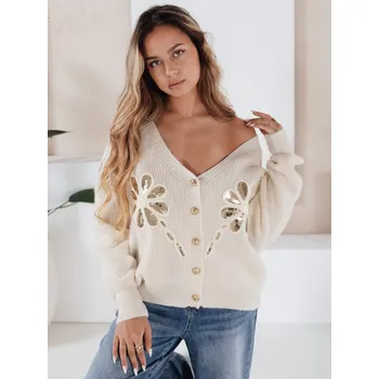 Dámské oblečení Smetanový dámský svetr KERINDA s flitrovanými květinovými aplikacemi MY2500 Velikost: ONE SIZE