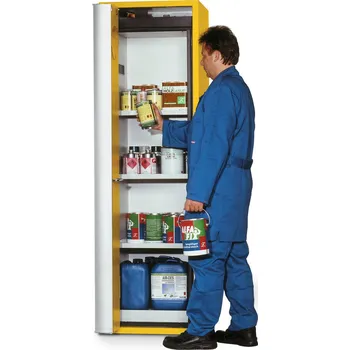 Protipožární skříň na nebezpečné látky asecos GF-601, 3 ks police, levé dveře, žlutá, One-Touch