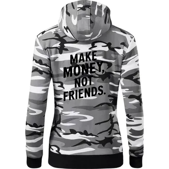 Dámská mikina Make money not friends tiskací - Dámská mikina trendy zipper s kapucí - XS ( Šedý maskáč )