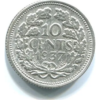 NIZOZEMÍ. 10 cents 1937. Ag.