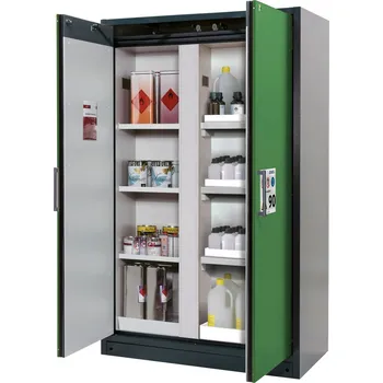 Protipožární skříň typ Select, s dělicí stěnou, vložné police a záchytné vany, dveře zelené