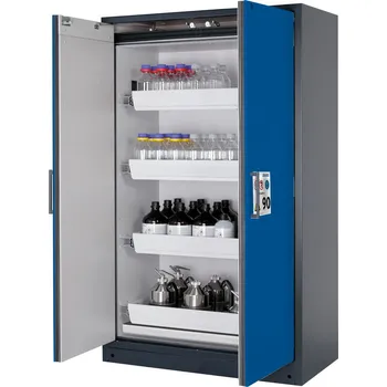 Protipožární skříň na nebezpečné látky asecos Select W-124-O, 4 ks vany, modré dveře, One-Touch