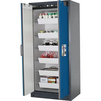 Protipožární skříň na nebezpečné látky asecos Select W-96-O, 6 ks vany, modré dveře, One-Touch
