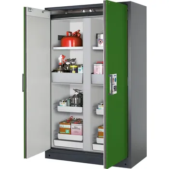 Protipožární skříň typ Select, s dělicí stěnou, vložné police a výsuvné vany, dveře zelené