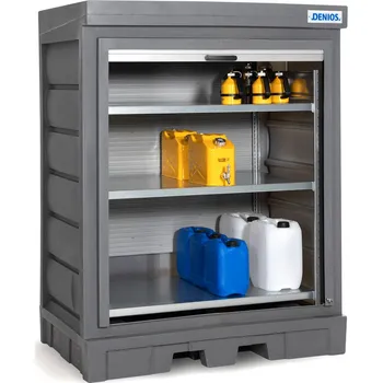 Dílenský regál Depot na nebezpečné látky z PE, roleta, ocelový regál na malé nádoby, 1554 x 1083 x 1980 mm
