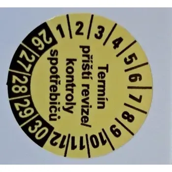 Samolepící etiketa Kontrolní štítek - Termín příští revize/kontroly spotřebičů - Arch 30ks pr.25mm (Kontrolní/revizní štítek - Termín příští revize/kontroly spotřebičů - Arch 30ks pr.25mm)