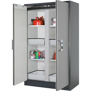 Protipožární skříň typ Select, s dělicí stěnou, vložné police a police s vanami, dveře šedé