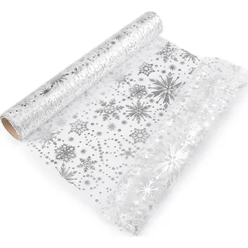 Vánoční organza s potiskem - vločka, šíře 36 cm Balení: 4.5 m, Varianta: 1 stříbrná - 8596475673105