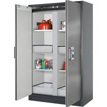 Protipožární skříň typ Select, s dělicí stěnou, vložné police a police s vanami, dveře stříbrné