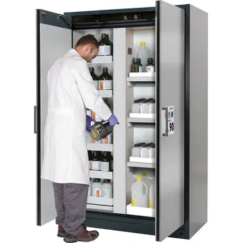 Protipožární skříň typ Select, s dělicí stěnou, výsuvné vany a police s vanami, dveře stříbrné