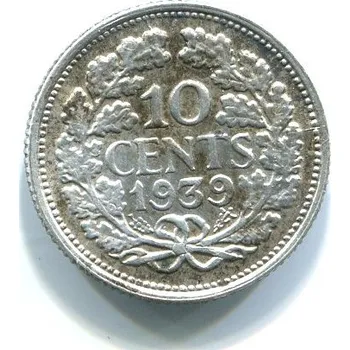 NIZOZEMÍ. 10 cents 1939. Ag.