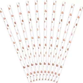 Papírová brčka bílá - Rose gold srdíčka - 10 ks